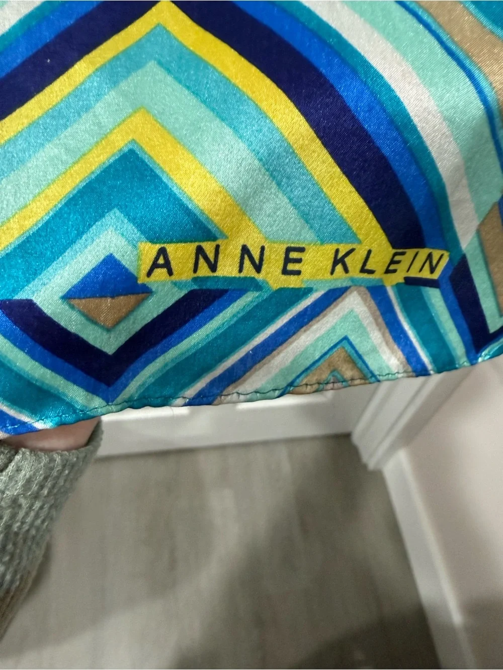 Vintage Anne Klein 100% Silk chevron print scarf, aqua teal.